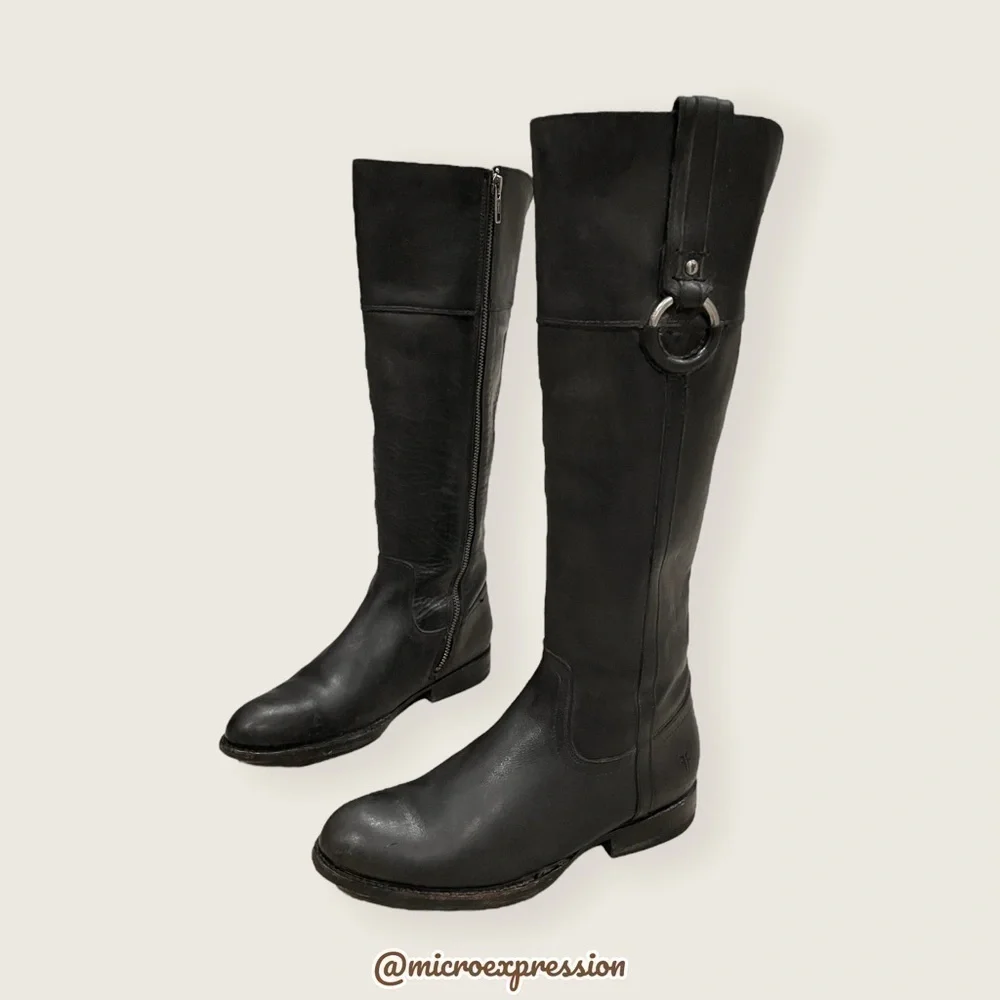 $389 Frye Jamie Ring Tall Distressed Stone Black Leather Knee High Zip Up Boot
